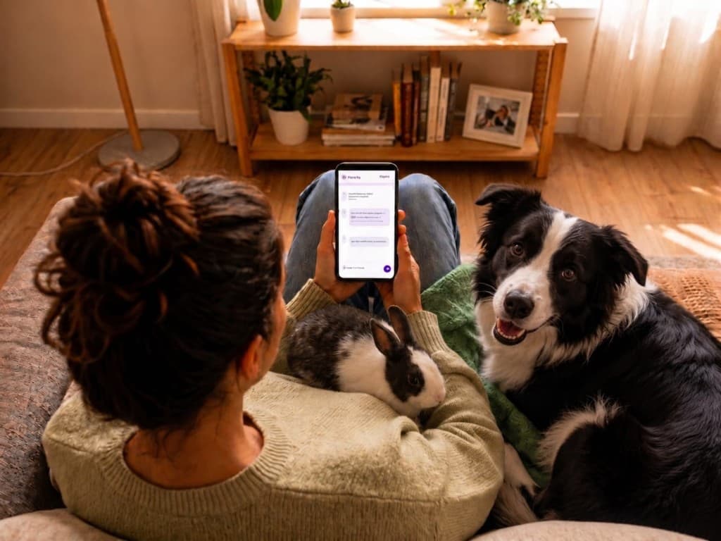 Familia con mascotas usando Lucy-Vet en el celular